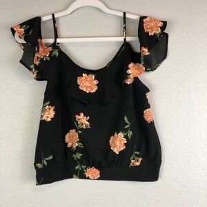 Lydelle Medium Floral Black Cold Shoulder Blouse Fairy Tale Ruffle Sleeve Crop